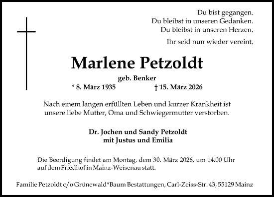 Traueranzeige von Marlene Petzoldt von Allgemeine Zeitung Mainz