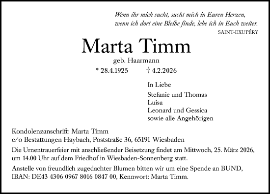 Traueranzeige von Marta Timm von Wiesbadener Kurier