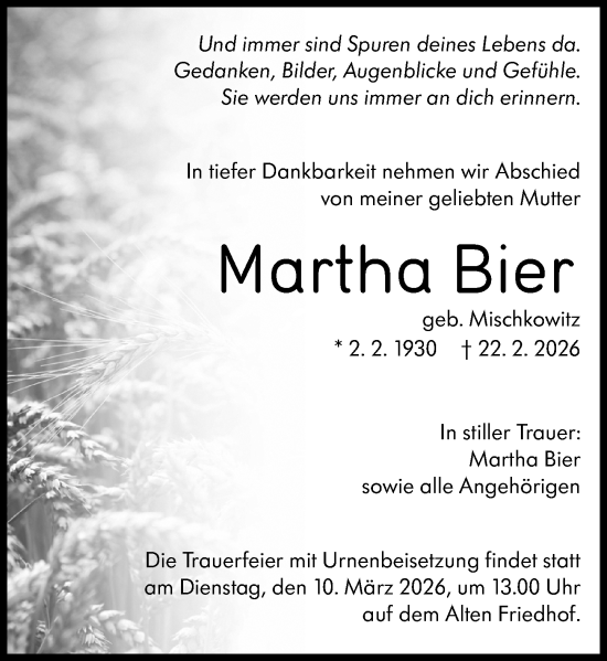 Traueranzeige von Martha Bier von Hochheimer Zeitung