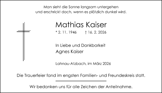Traueranzeige von Mathias Kaiser von Wetzlarer Neue Zeitung