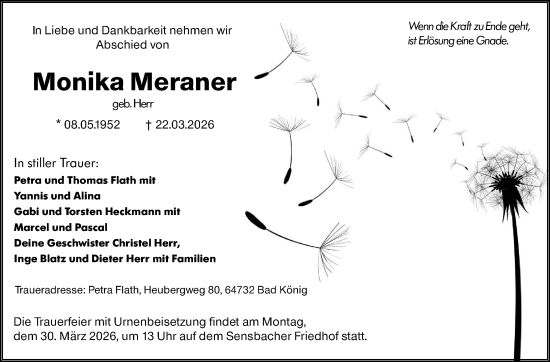 Traueranzeige von Monika Meraner von Odenwälder Echo