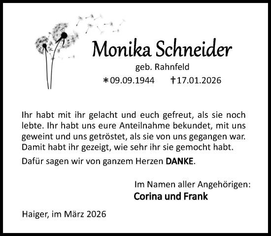 Traueranzeige von Monika Schneider von Dill Block