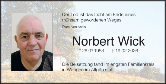 Traueranzeige von Norbert Wick von Dieburger Anzeiger/Groß-Zimmerner Lokal-Anzeiger
