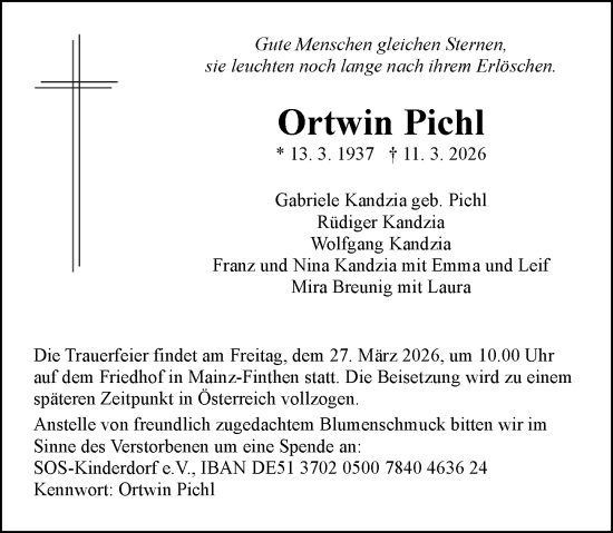 Traueranzeige von Ortwin Pichl von Allgemeine Zeitung Mainz