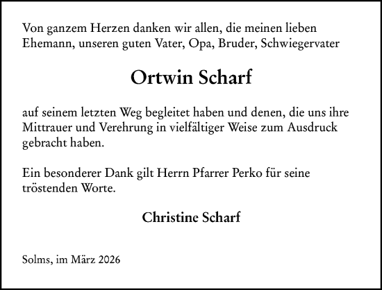 Traueranzeige von Ortwin Scharf von Wetzlarer Neue Zeitung