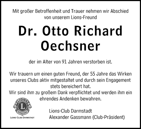 Traueranzeige von Otto Richard Oechsner von Darmstädter Echo