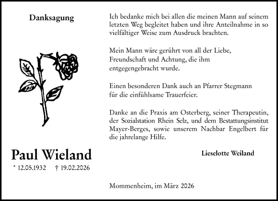 Traueranzeige von Paul Wieland von Allgemeine Zeitung Mainz
