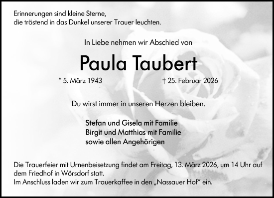 Traueranzeige von Paula Taubert von Idsteiner Land/Untertaunus