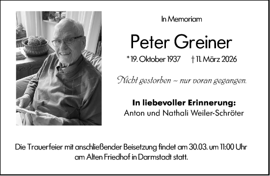 Traueranzeige von Peter Greiner von Darmstädter Echo