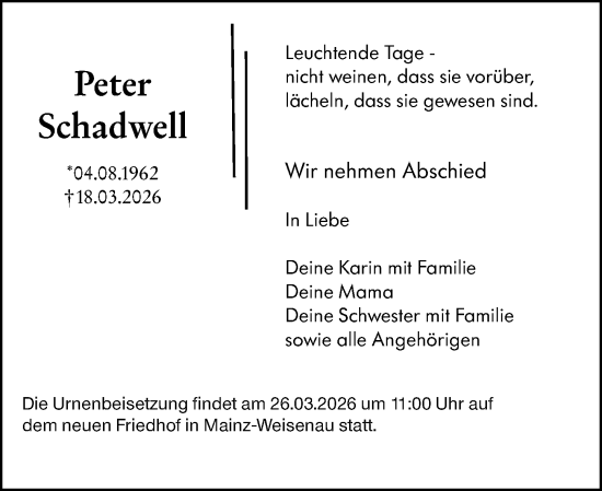 Traueranzeige von Peter Schadwell von Allgemeine Zeitung Mainz