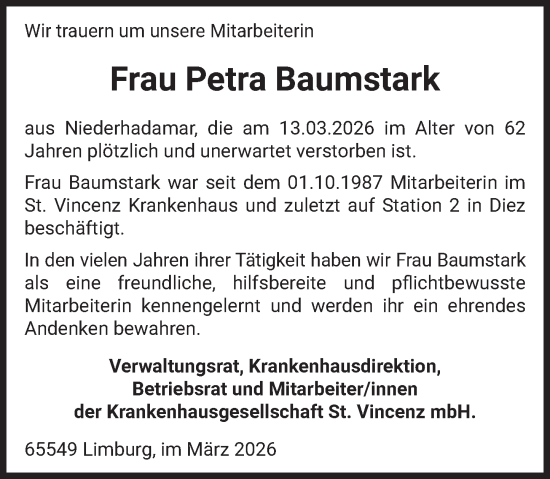 Traueranzeige von Petra Baumstark von Nassauische Neue Presse