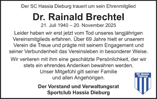 Traueranzeige von Rainald Brechtel von Dieburger Anzeiger/Groß-Zimmerner Lokal-Anzeiger