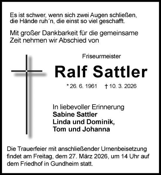 Traueranzeige von Ralf Sattler von Allgemeine Zeitung Mainz