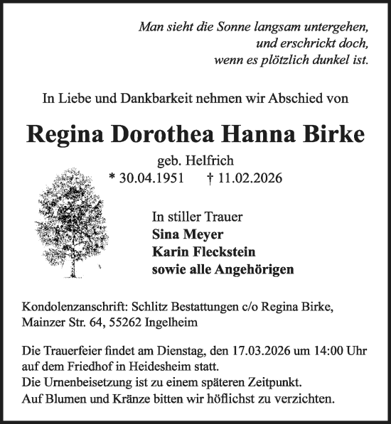 Traueranzeige von Regina Dorothea Hanna Birke von Wiesbadener Kurier