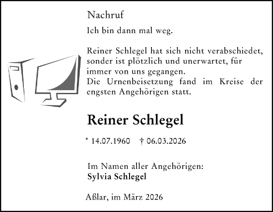 Traueranzeige von Reiner Schlegel von Wetzlarer Neue Zeitung