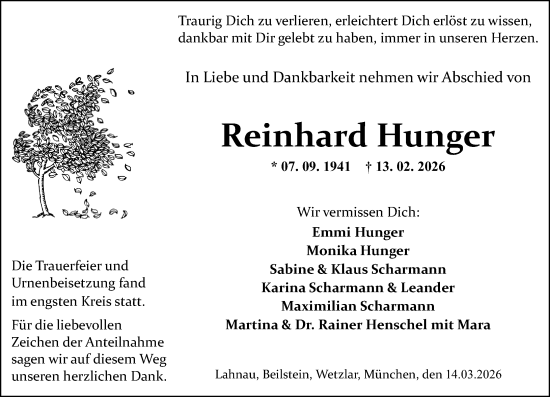 Traueranzeige von Reinhard Hunger von Wetzlarer Neue Zeitung