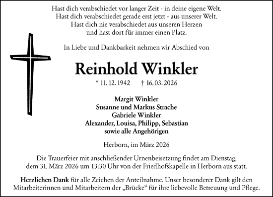 Traueranzeige von Reinhold Winkler von Dill Block