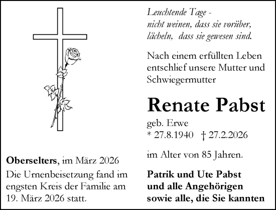 Traueranzeige von Renate Pabst von Camberger Anzeiger