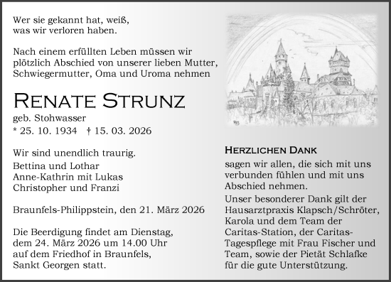 Traueranzeige von Renate Strunz von Wetzlarer Neue Zeitung