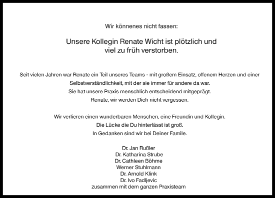 Traueranzeige von Renate Wicht von Camberger Anzeiger