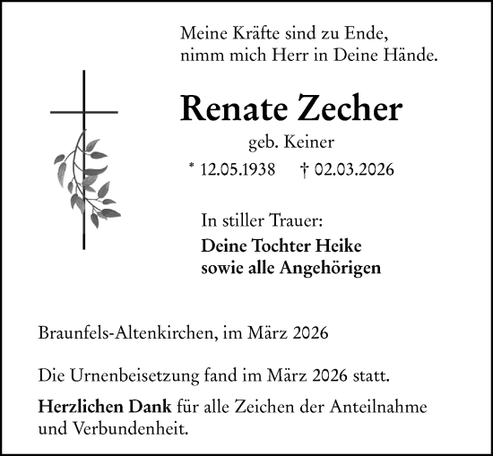 Traueranzeige von Renate Zecher von Wetzlarer Neue Zeitung