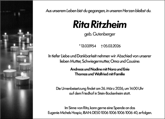 Traueranzeige von Rita Ritzheim von Allgemeine Zeitung Alzey