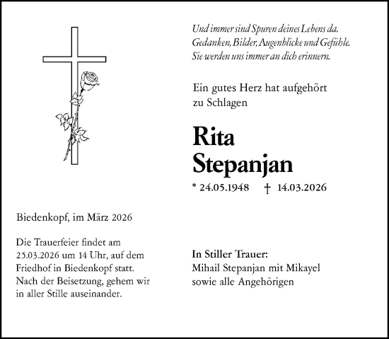 Traueranzeige von Rita Stepanjan von Hinterländer Anzeiger
