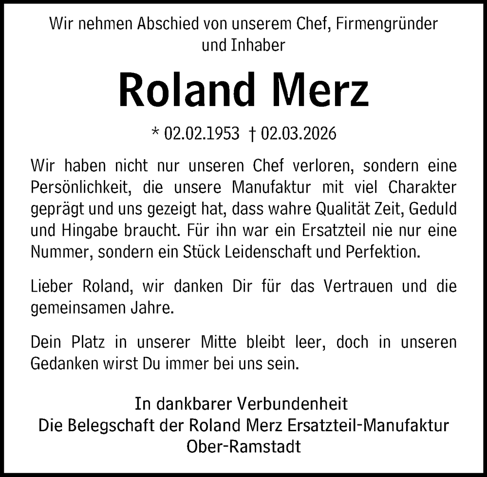  Traueranzeige für Roland Merz vom 07.03.2026 aus Darmstädter Echo