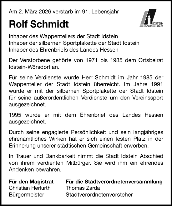 Traueranzeige von Rolf Schmidt von Idsteiner Land/Untertaunus