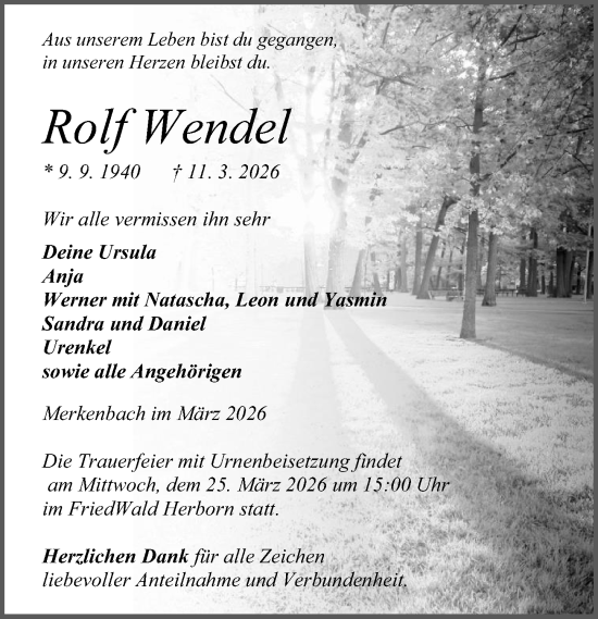 Traueranzeige von Rolf Wendel von Dill Block