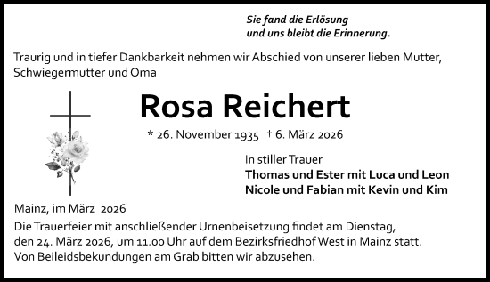 Traueranzeige von Rosa Reichert von Allgemeine Zeitung Mainz