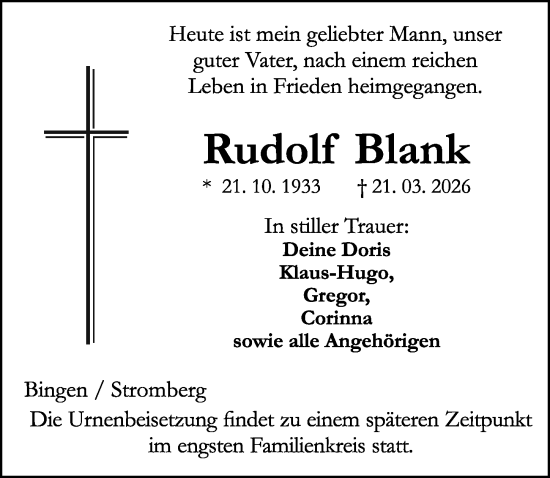Traueranzeige von Rudolf Blank von Allgemeine Zeitung Rheinhessen-Nahe