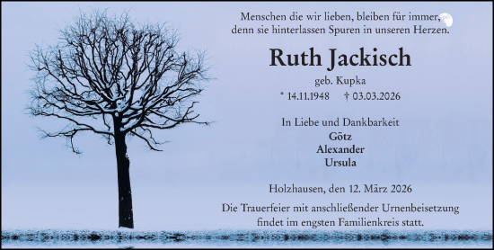 Traueranzeige von Ruth Jackisch von Hinterländer Anzeiger