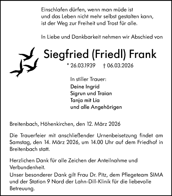 Traueranzeige von Siegfried Frank von Wetzlarer Neue Zeitung