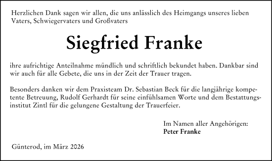 Traueranzeige von Siegfried Franke von Hinterländer Anzeiger