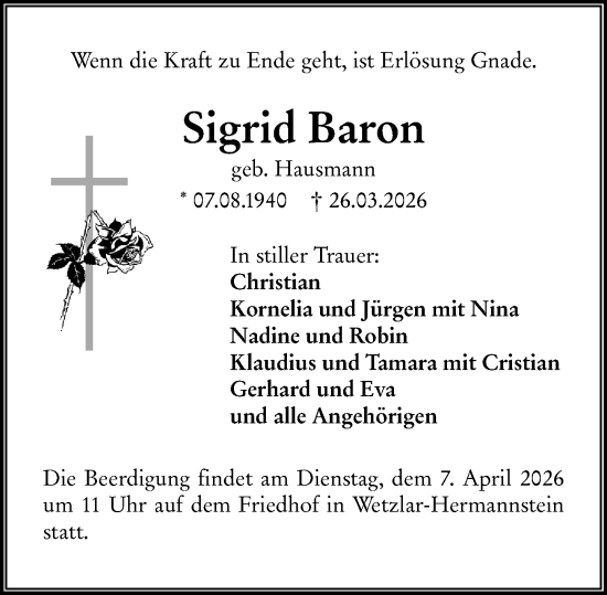 Traueranzeige von Sigrid Baron von Wetzlarer Neue Zeitung