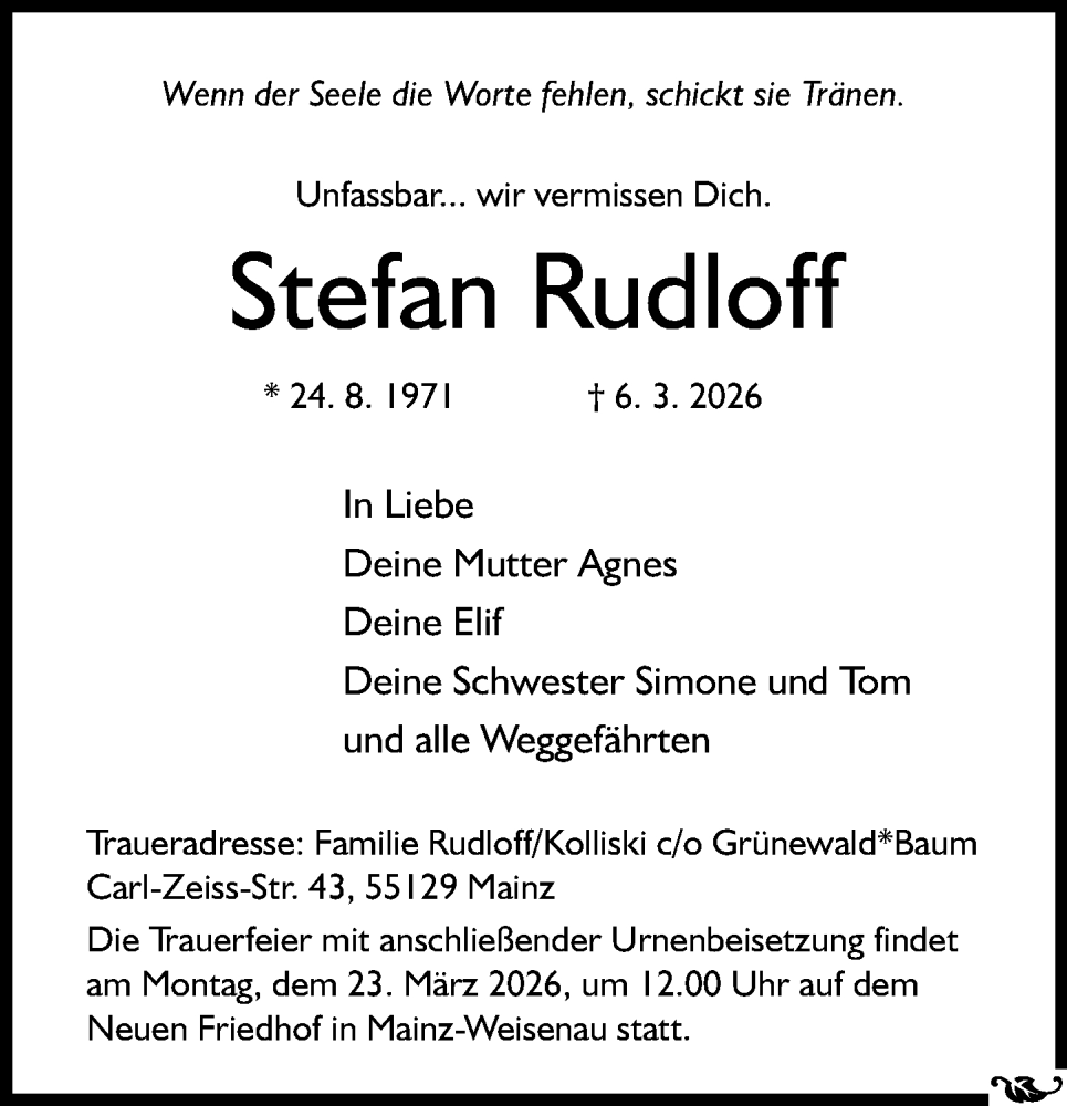  Traueranzeige für Stefan Rudloff vom 14.03.2026 aus Allgemeine Zeitung Mainz