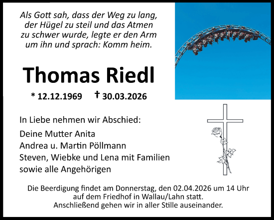 Traueranzeige von Thomas Riedl von Hinterländer Anzeiger