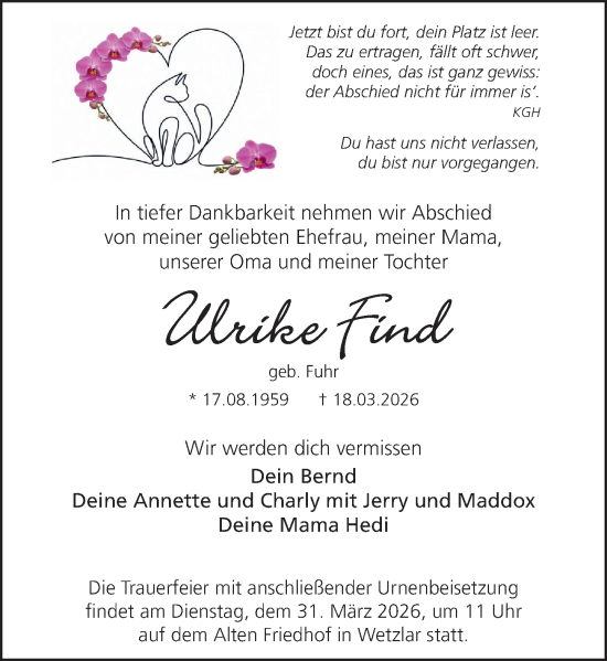 Traueranzeige von Ulrike Find von Wetzlarer Neue Zeitung