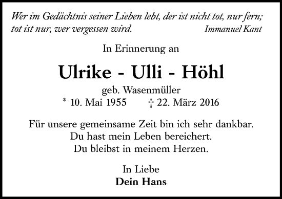 Traueranzeige von Ulrike Höhl von Darmstädter Echo