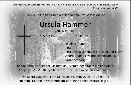 Traueranzeige von Ursula Hammer von Allgemeine Zeitung Mainz