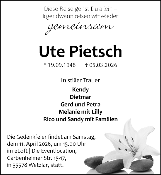 Traueranzeige von Ute Pietsch von Wetzlarer Neue Zeitung