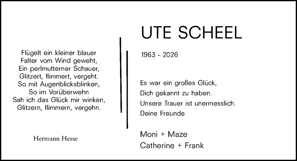  Traueranzeige für Ute Scheel vom 07.03.2026 aus Darmstädter Echo