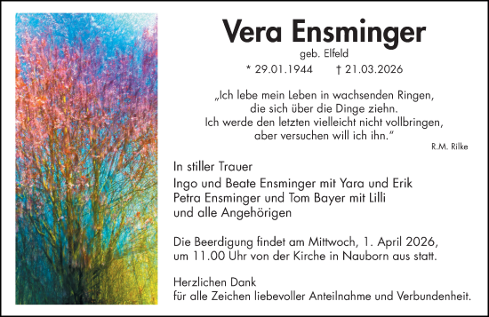 Traueranzeige von Vera Ensminger von Wetzlarer Neue Zeitung