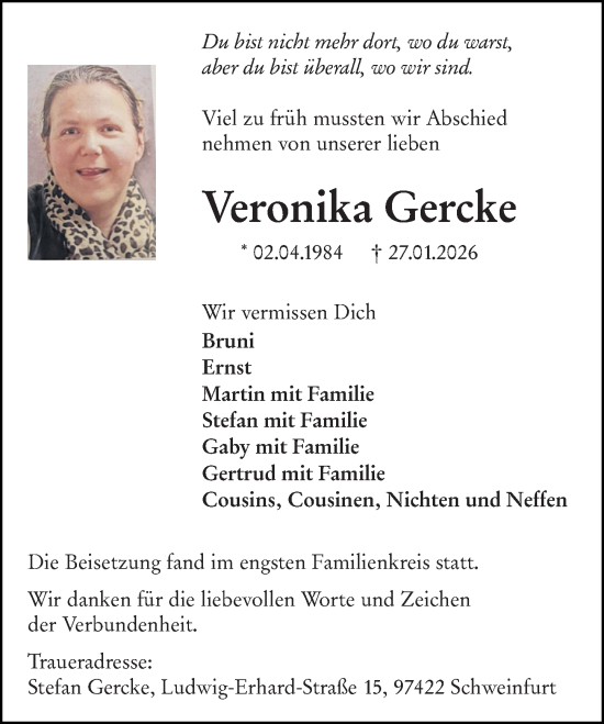 Traueranzeige von Veronika Gercke von Hinterländer Anzeiger