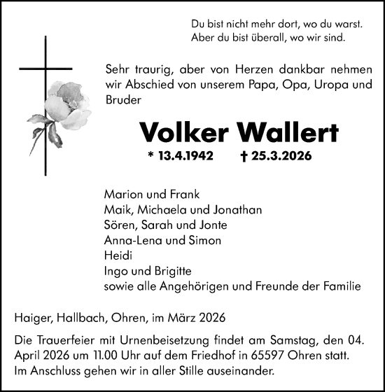 Traueranzeige von Volker Wallert von Dill Block