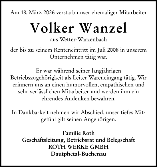 Traueranzeige von Volker Wanzel von Hinterländer Anzeiger