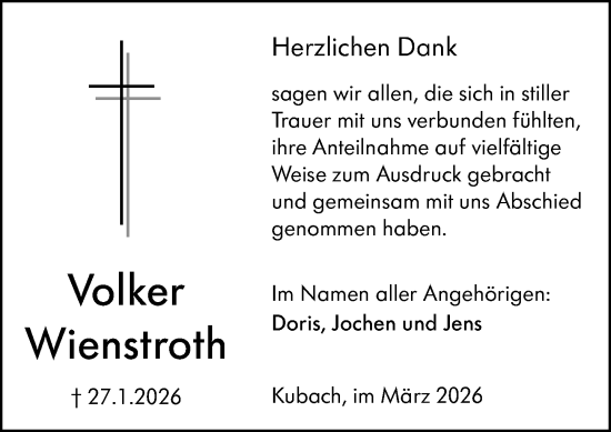 Traueranzeige von Volker Wienstroth von Weilburger Tageblatt