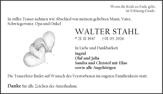 Traueranzeige von Walter Stahl von Weilburger Tageblatt