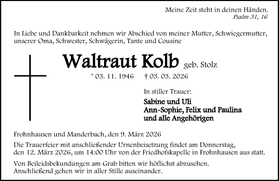Traueranzeige von Waltraut Kolb von Dill Block